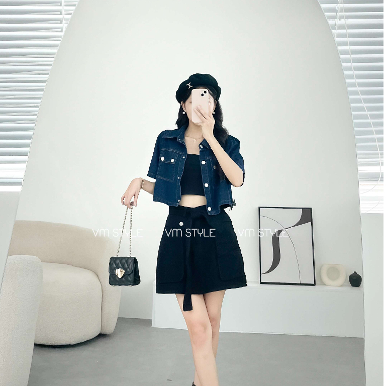 Chân váy jean denim nữ VMSTYLE dáng ngắn cạp cao túi kiểu phối dây cột 13 - CVJ00044