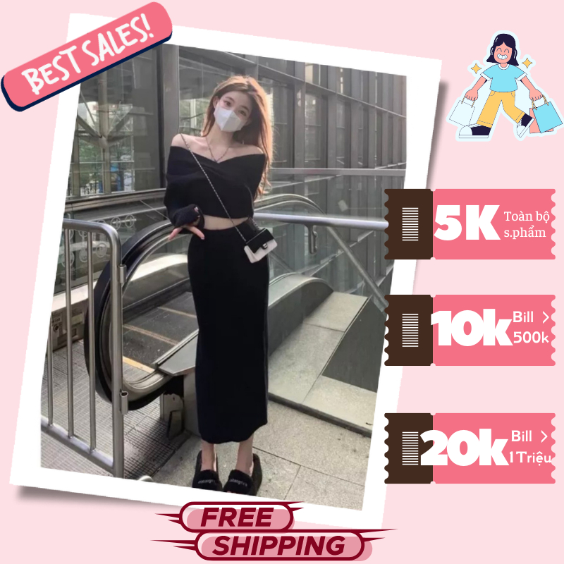 SALE SẬP SÀN - Set Đầm Áo Len Gân Đắp Chéo Bẹt Vai Tay Dài Croptop Kèm Chân Váy Dáng Dài Ôm Body Sang Chảnh LiVi Bigsize