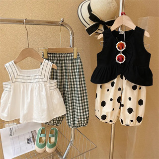 -QCCC- Set bộ thô sát nách phối quần bom ống rộng siêu cá tính cho bé gái