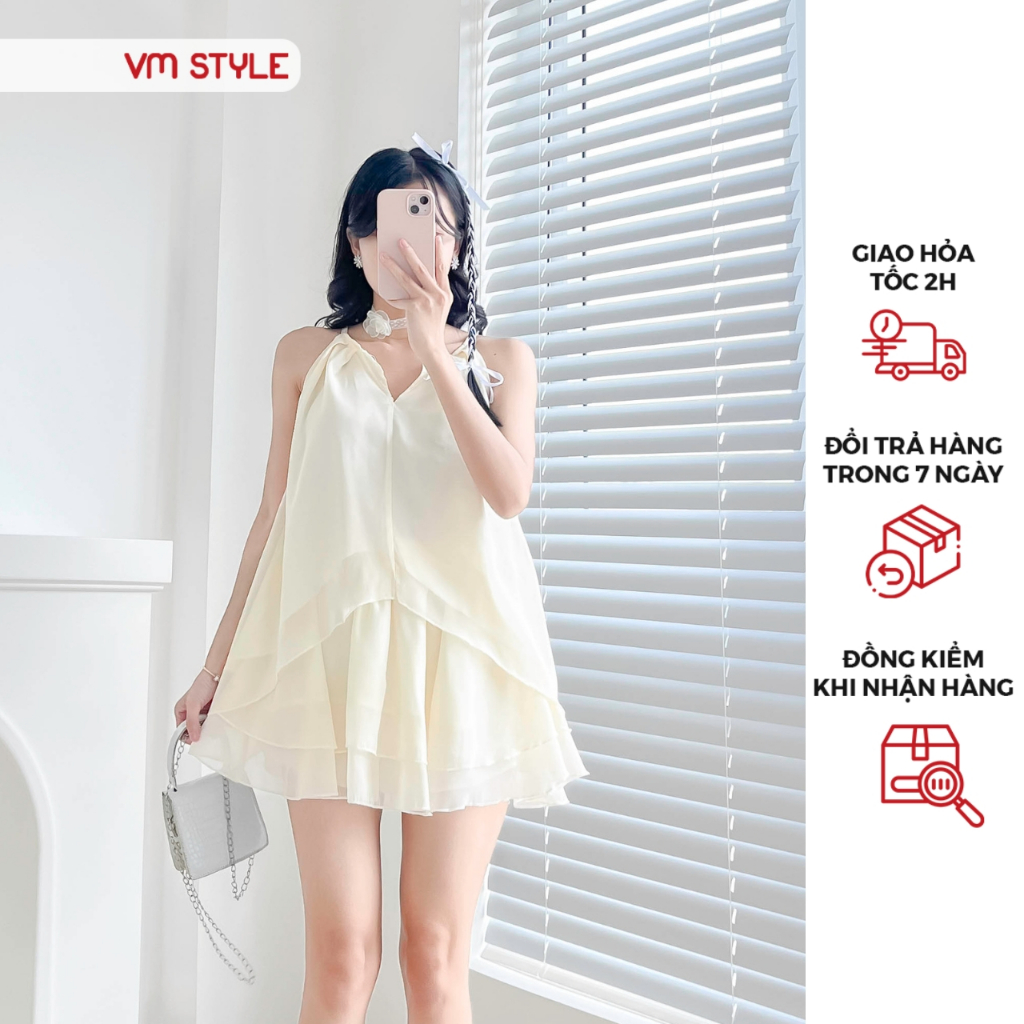 Set bộ nữ VMSTYLE áo yếm cổ xẻ + chân váy tầng xếp ly tiểu thư đi chơi, dạo phố - SBU00103
