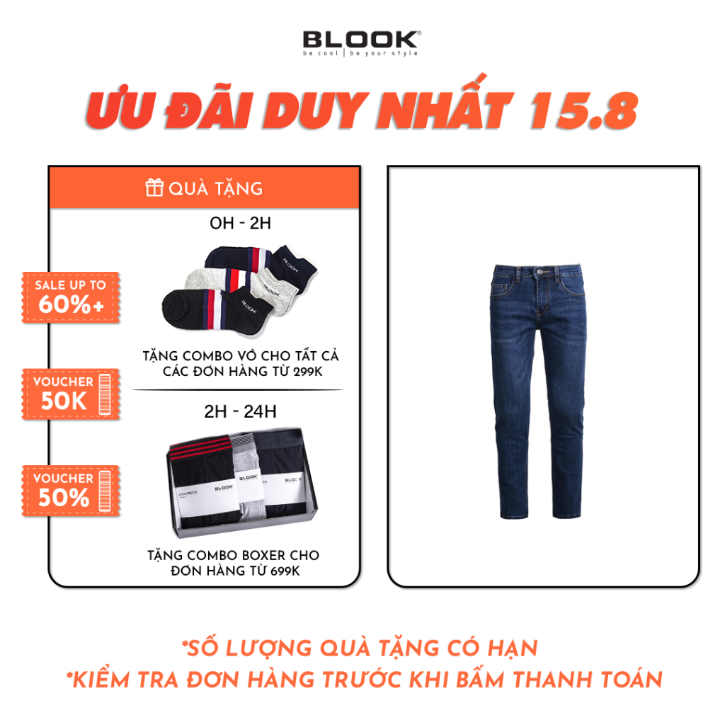 Quần Jeans BLOOK form slimfit ống đứng , không rách, co giãn mã 30184