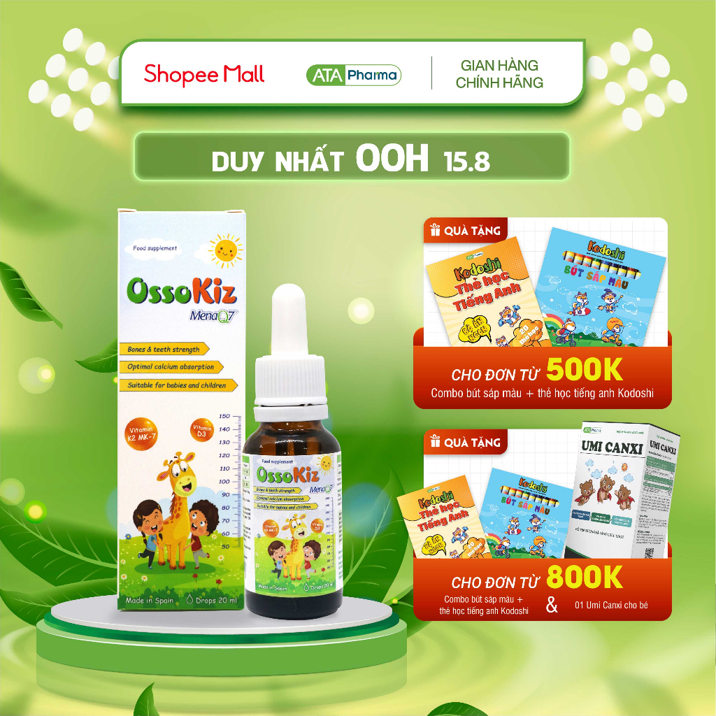 Vitamin D3 K2 MK7 OSSOKIZ 20ml Nhập khẩu CHÂU ÂU, sản phẩm tăng cường hấp thu Canxi giúp trẻ có chiều cao đạt chuẩn