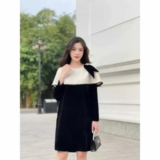 Váy Nhung Suông, Váy Dáng A Phối Cổ Cách Điệu Dài Tay, Kiểu Dáng Trẻ Trung Dễ Mặc