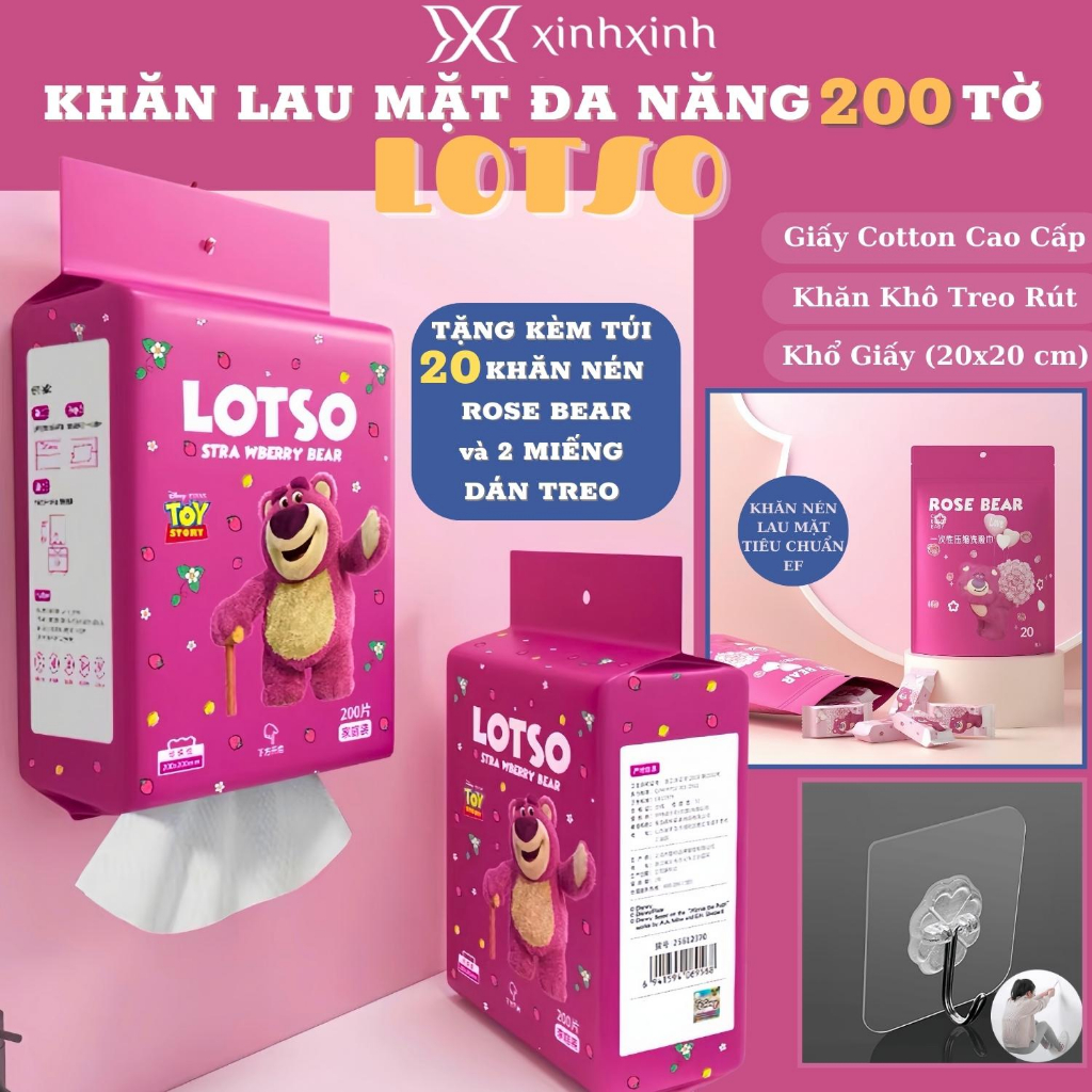 Khăn Lau Mặt Tẩy Trang Đa Năng Gói 200 Tờ Gấu Dâu Lotso Mềm Mịn Treo Tường - Tặng Kèm Túi 20 Viên Giấy Nén và Móc Treo