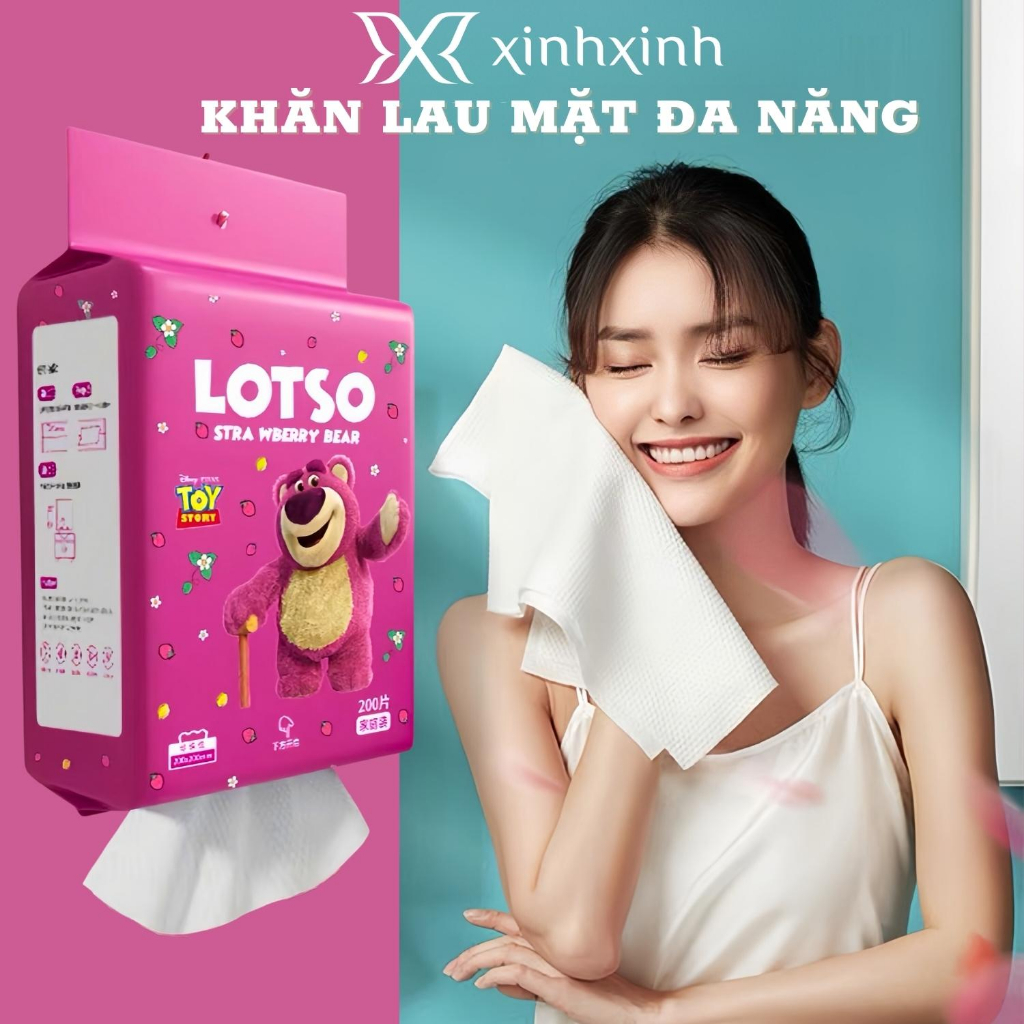 Khăn Lau Mặt Tẩy Trang Đa Năng Gói 200 Tờ Gấu Dâu Lotso Mềm Mịn Treo Tường - Tặng Kèm Túi 20 Viên Giấy Nén và Móc Treo