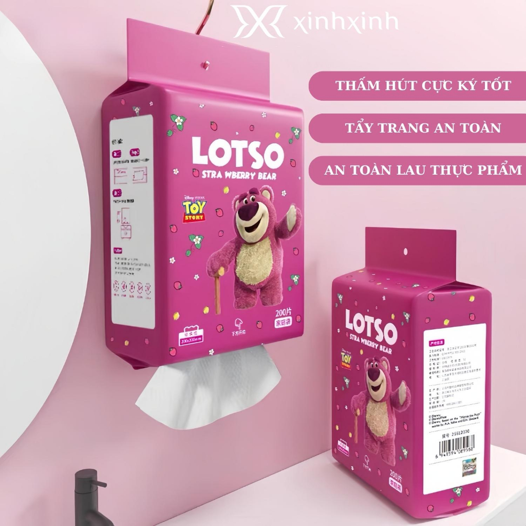 Khăn Lau Mặt Tẩy Trang Đa Năng Gói 200 Tờ Gấu Dâu Lotso Mềm Mịn Treo Tường - Tặng Kèm Túi 20 Viên Giấy Nén và Móc Treo