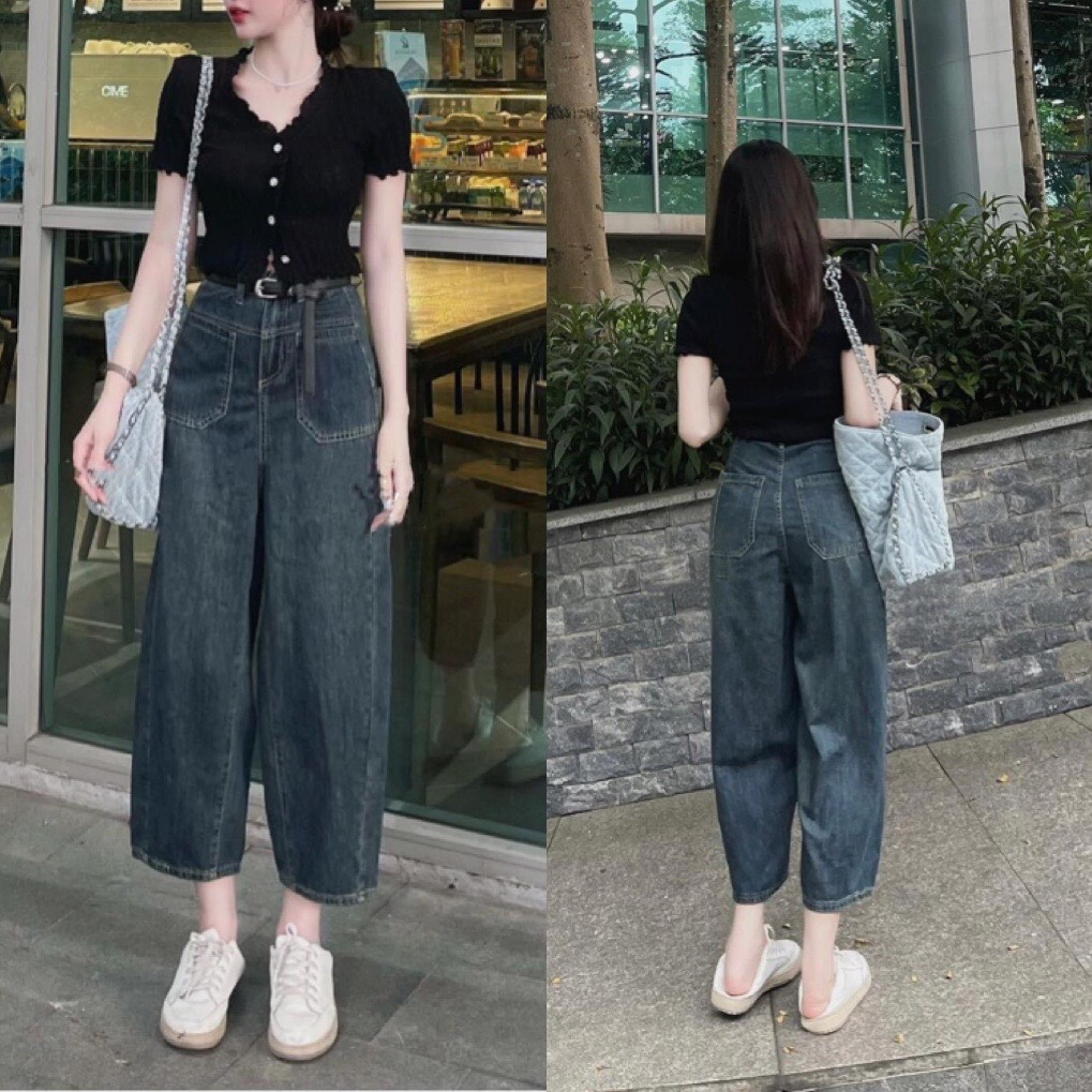 Quần bò jean ống suông rộng xuông nữ quần jeans rin ống đứng loe cạp cao cao cấp DENIM 2399 1508 hót tôn dáng