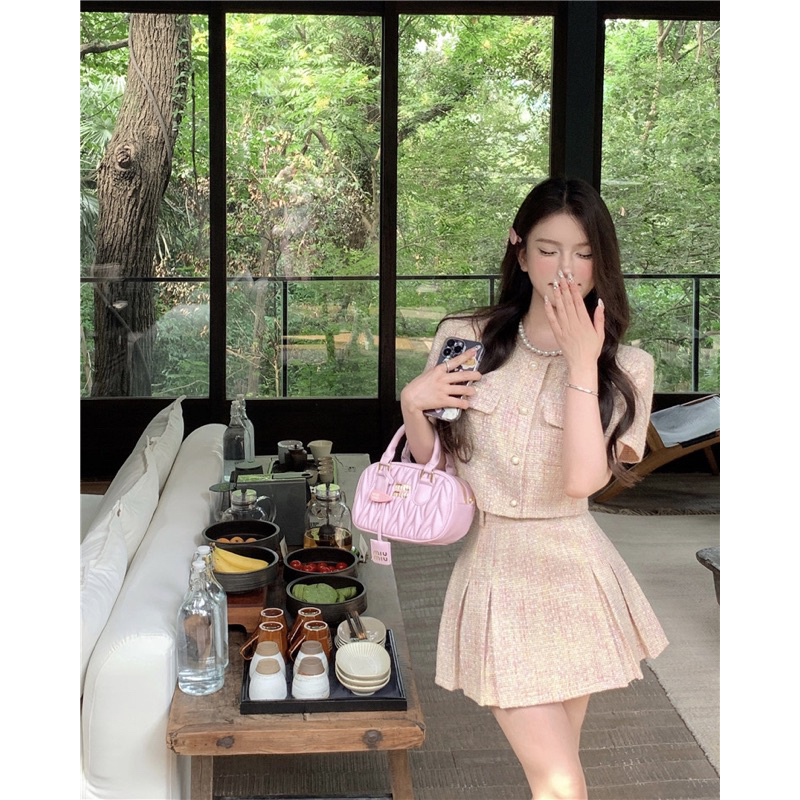 Set Dạ Tweed Chất Đẹp 2 Món Chân Váy Dáng Xòe Khoác Ngoài Màu Hồng Nhạt Tôn Dáng Trẻ Trung Sang Trọng Dự Tiệc Hàng QCC