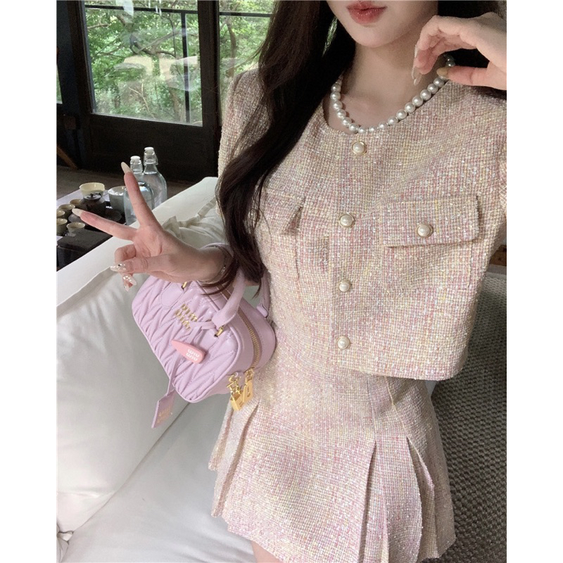 Set Dạ Tweed Chất Đẹp 2 Món Chân Váy Dáng Xòe Khoác Ngoài Màu Hồng Nhạt Tôn Dáng Trẻ Trung Sang Trọng Dự Tiệc Hàng QCC