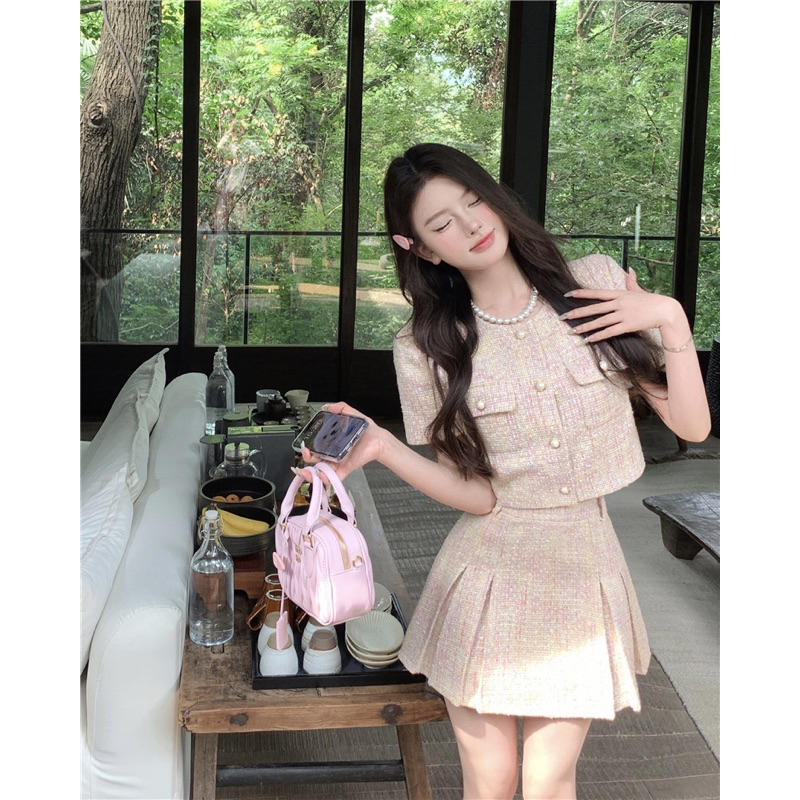 Set Dạ Tweed Chất Đẹp 2 Món Chân Váy Dáng Xòe Khoác Ngoài Màu Hồng Nhạt Tôn Dáng Trẻ Trung Sang Trọng Dự Tiệc Hàng QCC