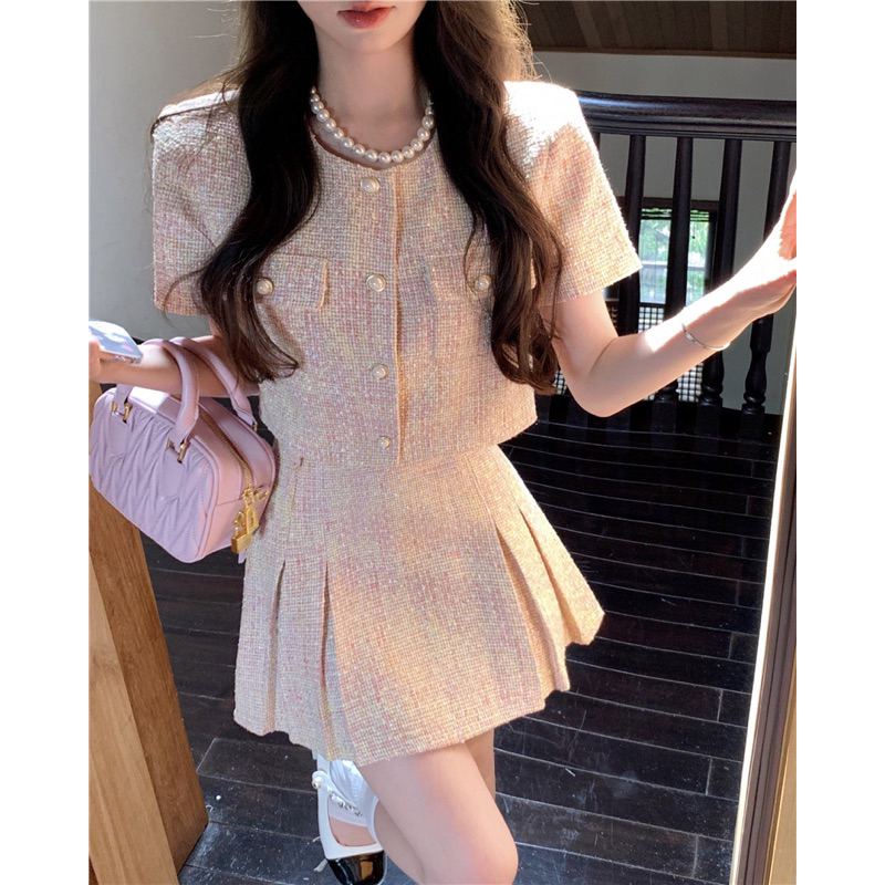 Set Dạ Tweed Chất Đẹp 2 Món Chân Váy Dáng Xòe Khoác Ngoài Màu Hồng Nhạt Tôn Dáng Trẻ Trung Sang Trọng Dự Tiệc Hàng QCC
