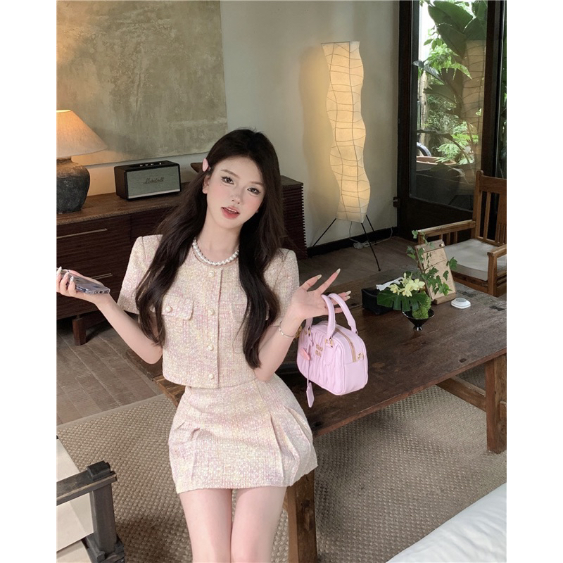 Set Dạ Tweed Chất Đẹp 2 Món Chân Váy Dáng Xòe Khoác Ngoài Màu Hồng Nhạt Tôn Dáng Trẻ Trung Sang Trọng Dự Tiệc Hàng QCC
