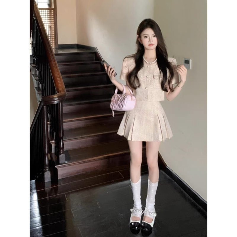 Set Dạ Tweed Chất Đẹp 2 Món Chân Váy Dáng Xòe Khoác Ngoài Màu Hồng Nhạt Tôn Dáng Trẻ Trung Sang Trọng Dự Tiệc Hàng QCC