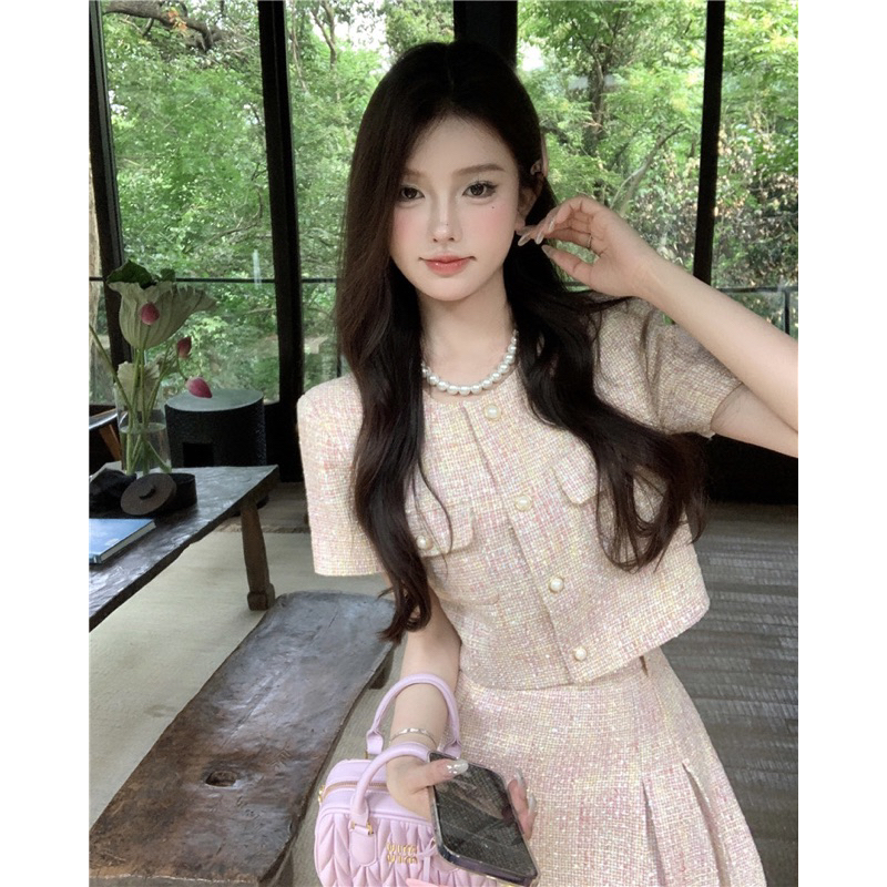 Set Dạ Tweed Chất Đẹp 2 Món Chân Váy Dáng Xòe Khoác Ngoài Màu Hồng Nhạt Tôn Dáng Trẻ Trung Sang Trọng Dự Tiệc Hàng QCC