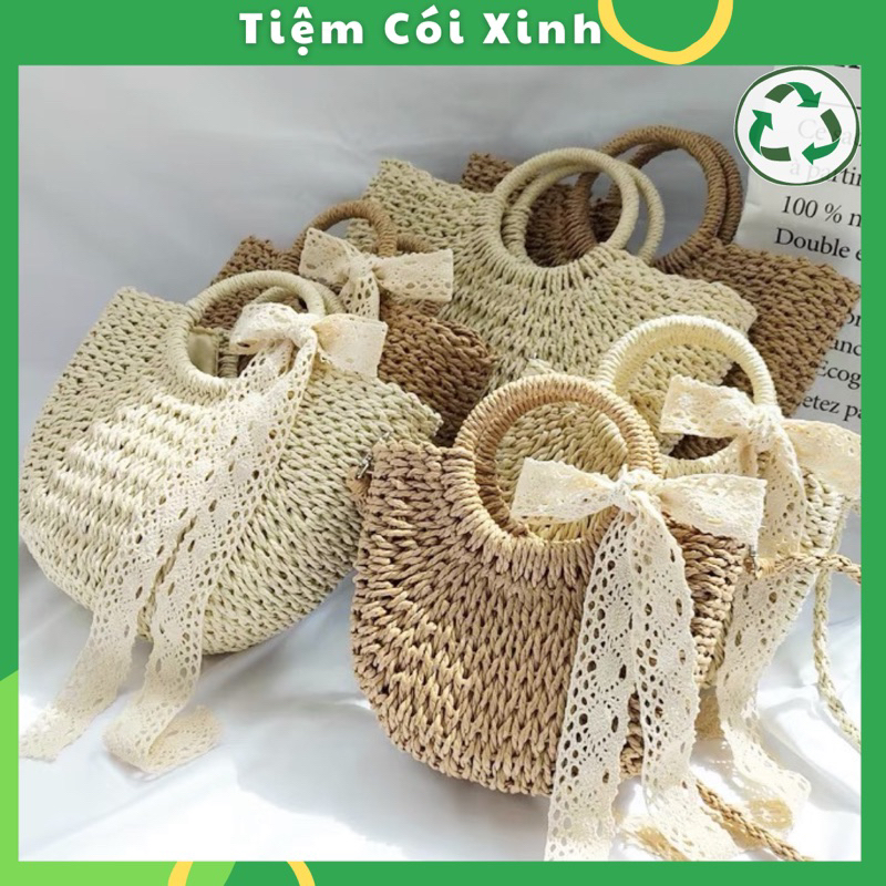 Túi cói bán nguyệt nơ ren đi biển vintage cho nữ