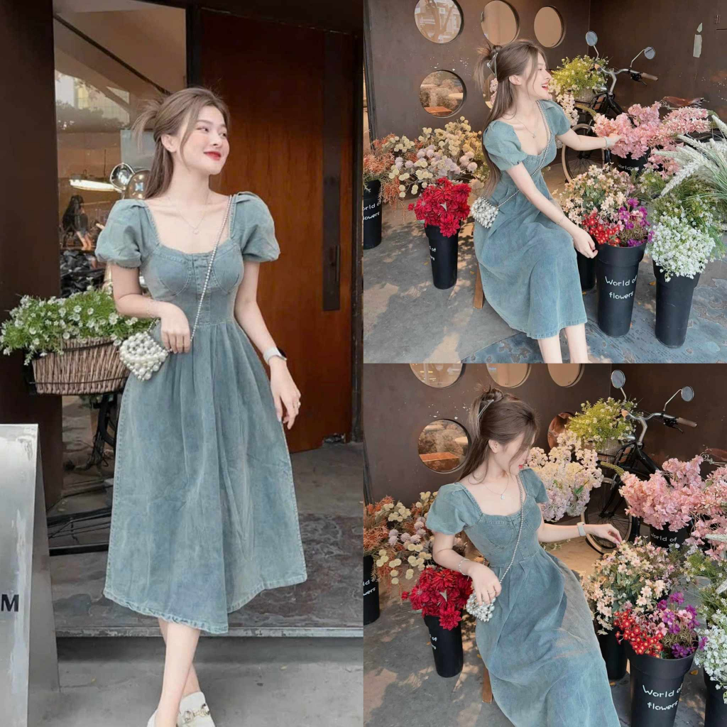 Đầm Nữ jean cứng chất liệu cao cấp tiểu thư tay phồng dáng xòe dự tiệc