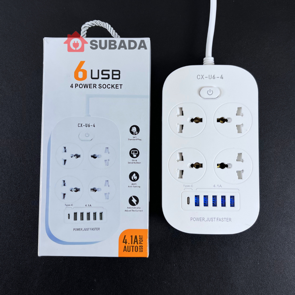 Ổ cắm điện đa năng 2500W Subada chống giật chống cháy 5 cổng USB và 1 cổng type-C 10W dây 3m chân cắm 2 chấu OD28