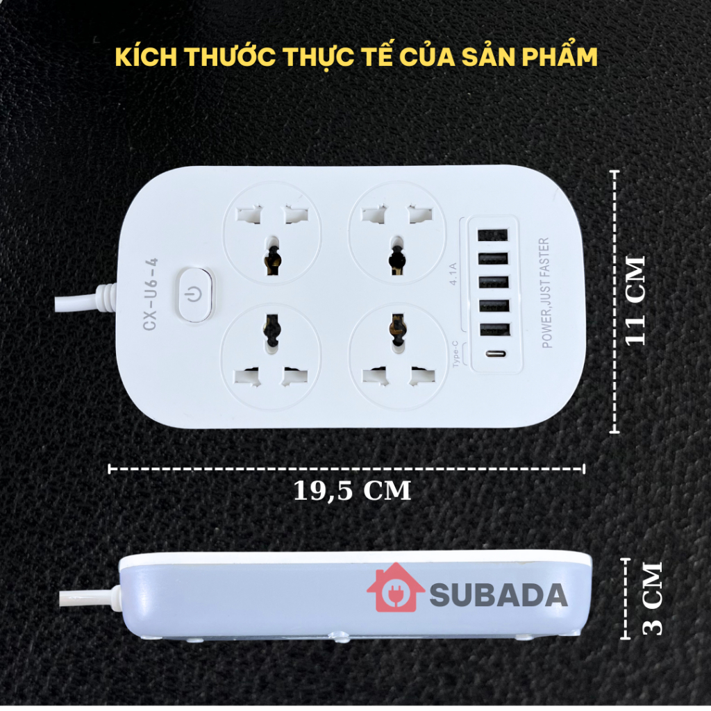 Ổ cắm điện đa năng 2500W Subada chống giật chống cháy 5 cổng USB và 1 cổng type-C 10W dây 3m chân cắm 2 chấu OD28