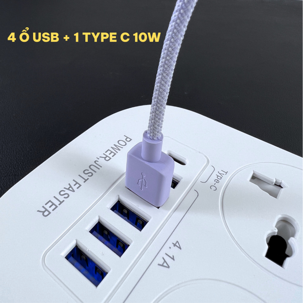 Ổ cắm điện đa năng 2500W Subada chống giật chống cháy 5 cổng USB và 1 cổng type-C 10W dây 3m chân cắm 2 chấu OD28