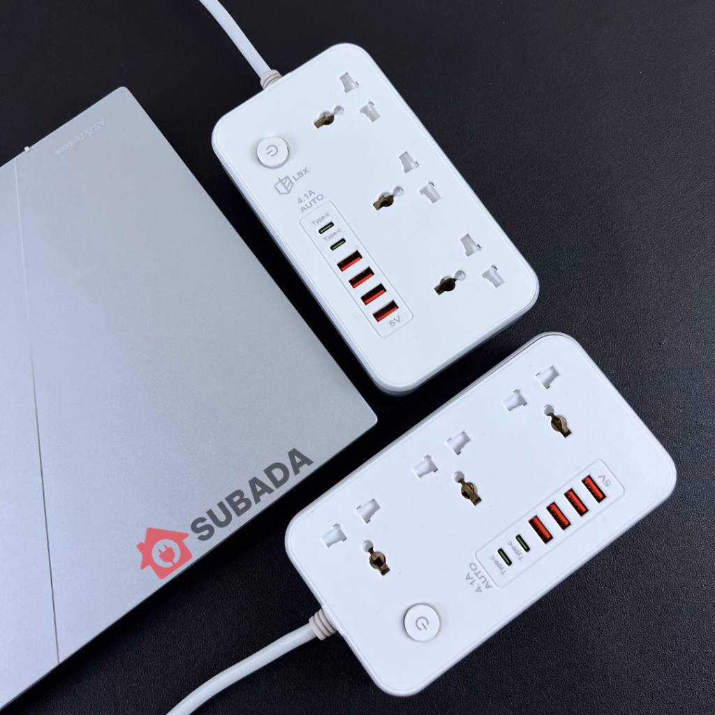 Ổ điện 2500W đa năng thông minh Subada chống cháy chống giật chống va đập 4 cổng USB và 2 cổng type-C 10W dây 2m OD27
