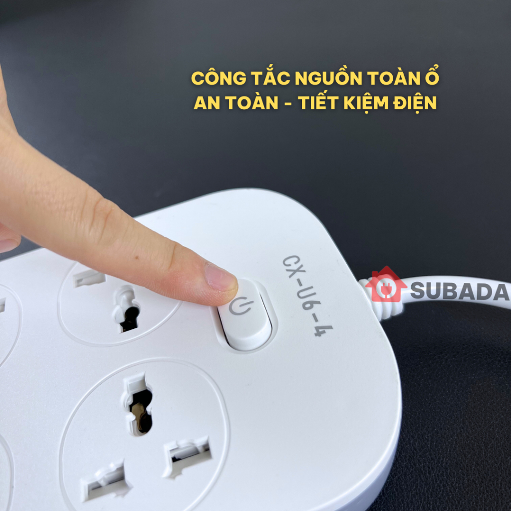 Ổ cắm điện đa năng 2500W Subada chống giật chống cháy 5 cổng USB và 1 cổng type-C 10W dây 3m chân cắm 2 chấu OD28