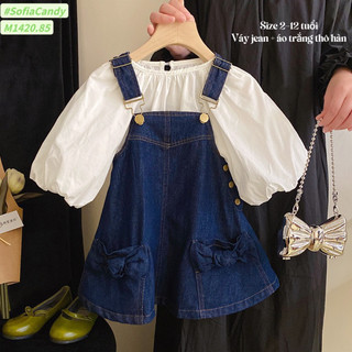 Set áo tay bồng trắng váy yếm jean bò cho bé gái