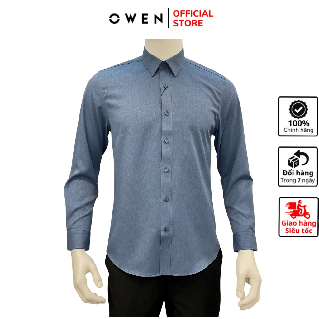 Áo sơ mi dài tay nam OWEN AS230600D somi công sở vải café cao cấp màu melange xanh dáng slim fit tà lượn không túi