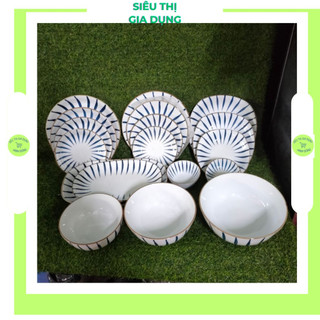 Bộ bát đĩa sứ họa tiết kẻ sọc xanh-tiết sắc nét,ý nghĩa,men dầy dặn,hàng có sẵn,dùng được vi sóng, có bán lẻ