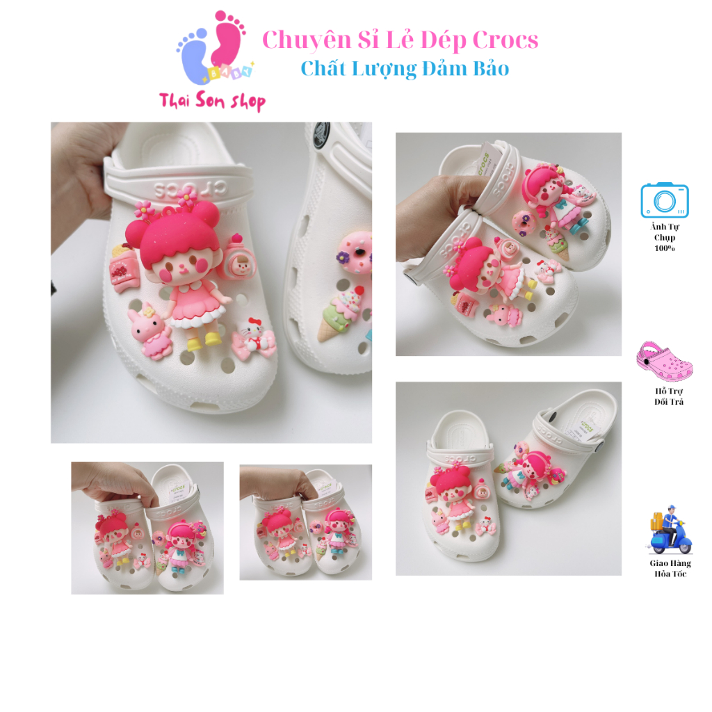 [ Tặng 10 Sticker ] Dép Cross Classic cho bé gái màu trắng Mix Sticker búp bê Sục Crocs Baya nam nữ 