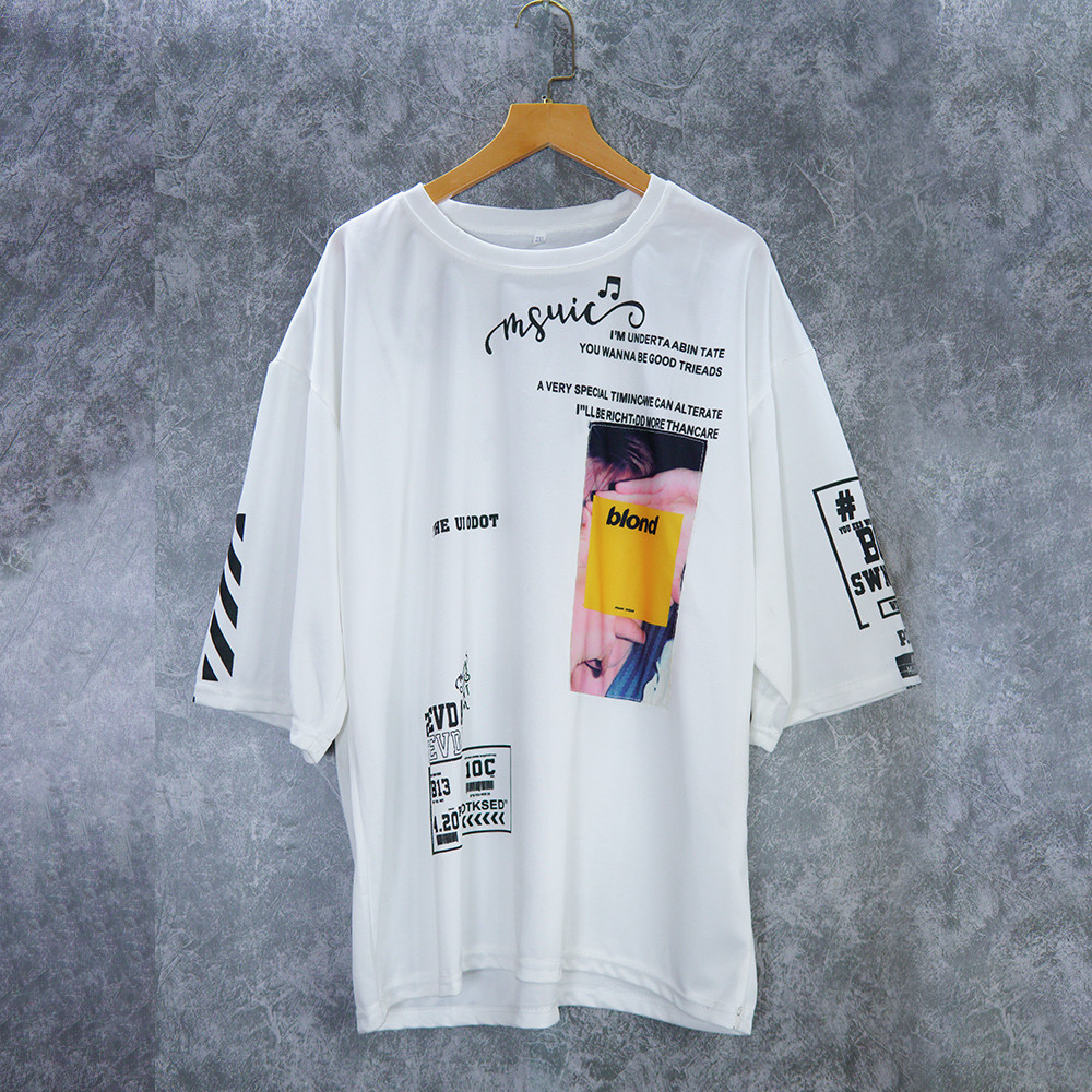 Áo phông trăng tay lỡ phối chữ