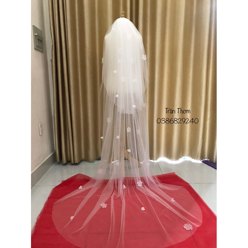 Lúp cô dâu 2 tầng đính hoa voan nổi thủ công TH07