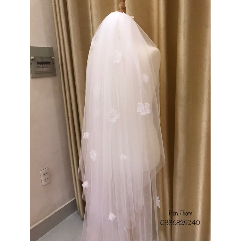 Lúp cô dâu 2 tầng đính hoa voan nổi thủ công TH07