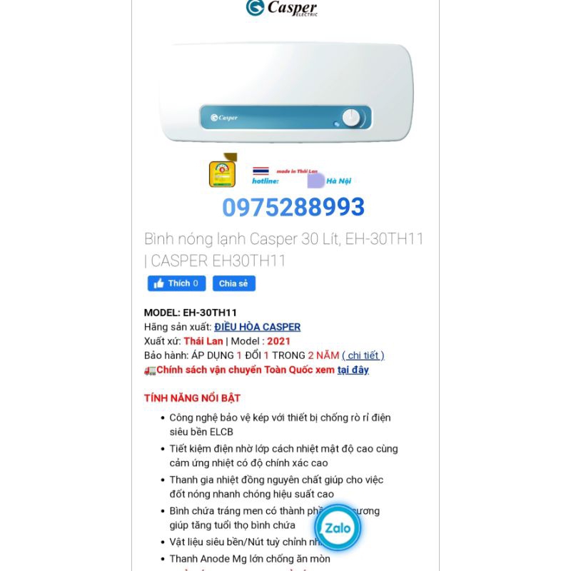 Bình Nóng Lạnh Casper EH-30TH11 30lít Thái Lan -Bảo Hành Điện Tử Miễn Phí Giao Hàng Nội Thành Hà Nội