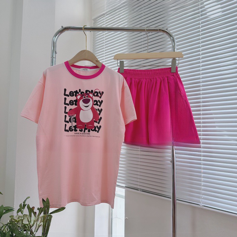 Đồ bé gái, set bộ cộc tay bé gái gấu dâu LOTSO BEAR chất cotton mịn mát, bộ quần áo bé gái mùa hè