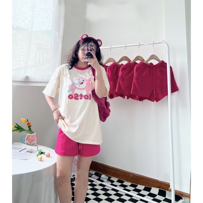 Đồ bé gái, set bộ cộc tay bé gái gấu dâu LOTSO BEAR chất cotton mịn mát, bộ quần áo bé gái mùa hè