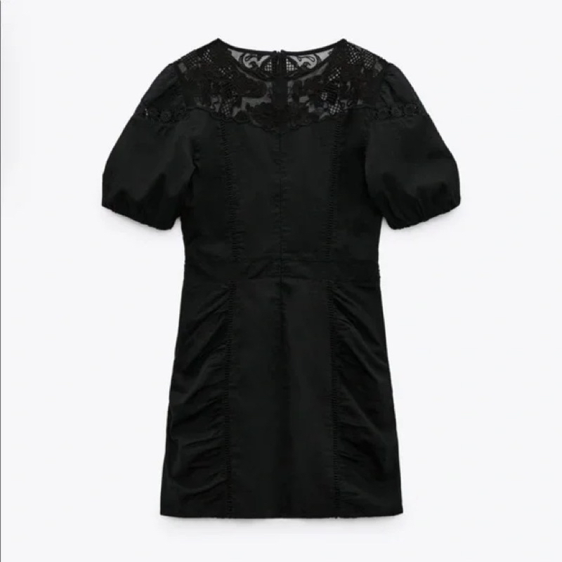 Đầm Zara auth cotton đen phối ren lưới