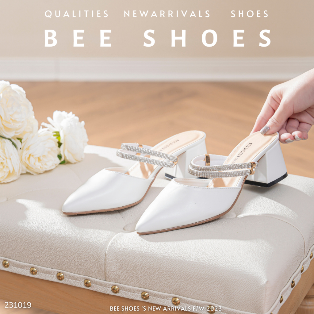 GIÀY CAO GÓT NỮ BEESHOES MŨI NHỌN - GIÀY CAO GÓT NỮ GÓT NHỌN CAO 5 PHÂN SẴN MÀU KEM TRẮNG 231019