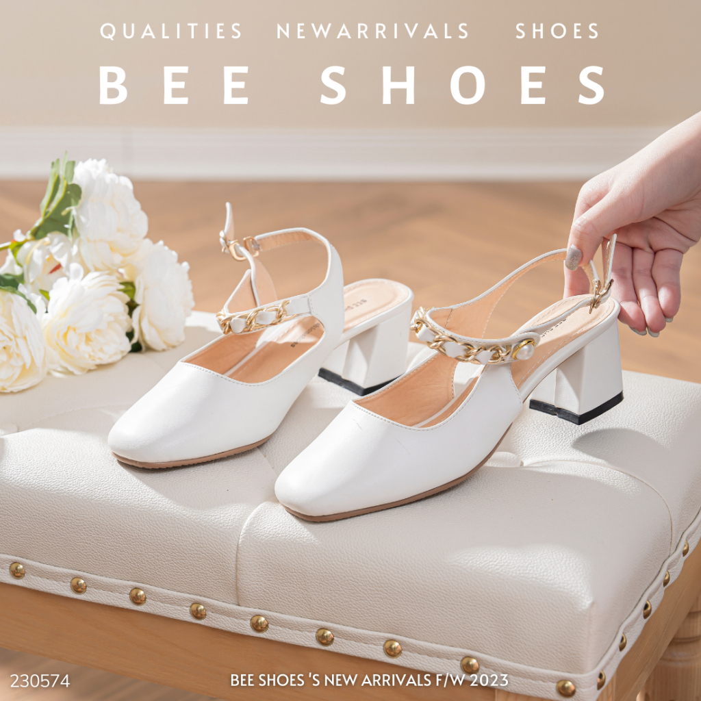 GIÀY BÚP BÊ NỮ BEESHOES MŨI VUÔNG - GIÀY BÚP BÊ NỮ GÓT VUÔNG CAO 5 PHÂN SẴN MÀU KEM TRẮNG 230574
