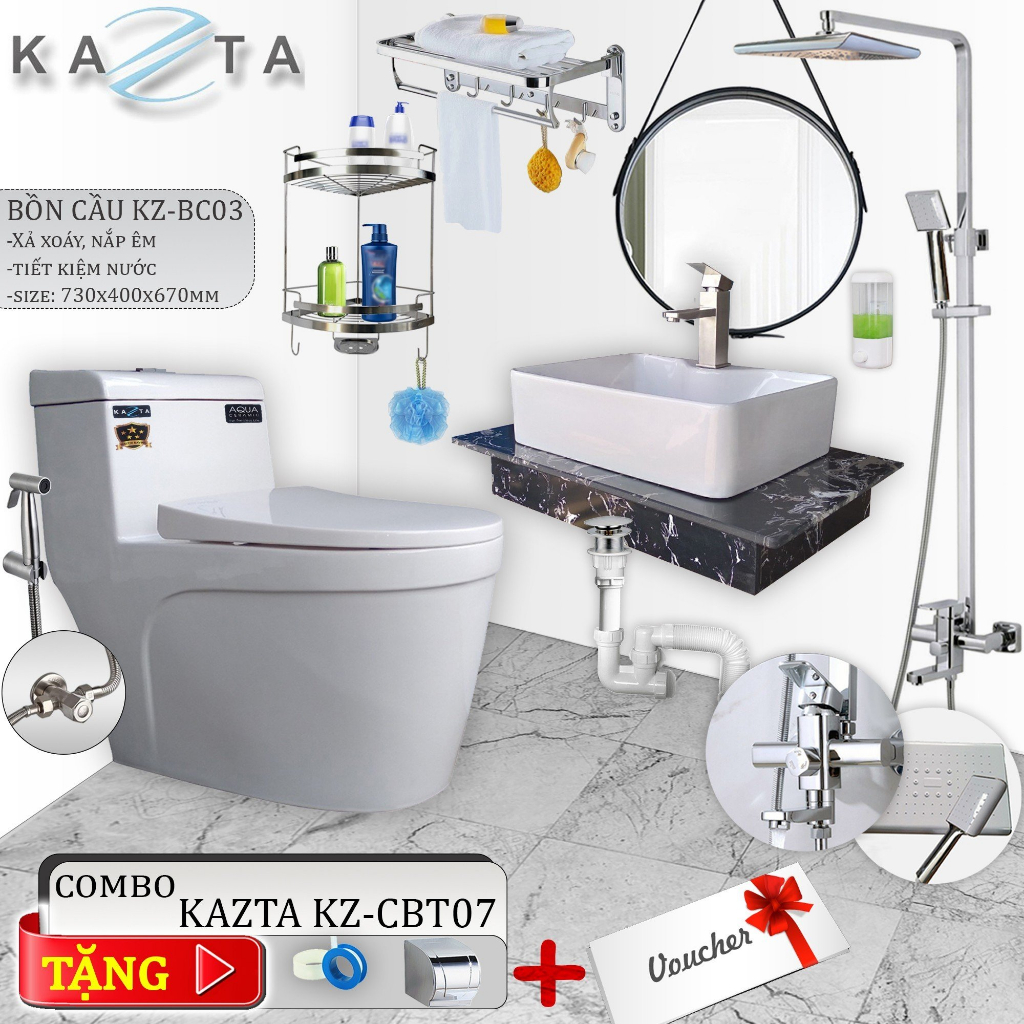 Trọn Bộ Thiết Bị Phòng Tắm KAZTA KZ-CBT07: Bồn Cầu 1 Khối, Lavabo Đặt Bàn, Sen Tắm Nóng Lạnh, Gương Dây Da