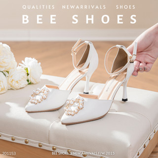 BEESHOES - GIÀY CAO GÓT NỮ MŨI NHỌN ĐÁ TRÒN NGỌC - GIÀY CAO GÓT NỮ GÓT NHỌN CAO 7 PHÂN SẴN MÀU TRẮNG - BE 201153
