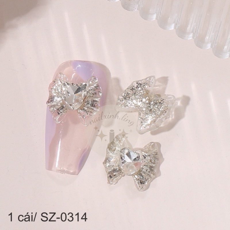 Charm Nơ Nhựa Màu Thạch Kim Tuyến Trang Trí Móng Hàn C9, Phụ Kiện Hạt Ngọc Trai / Nơ / Trái Tim Nhiều Màu Trang Trí Móng