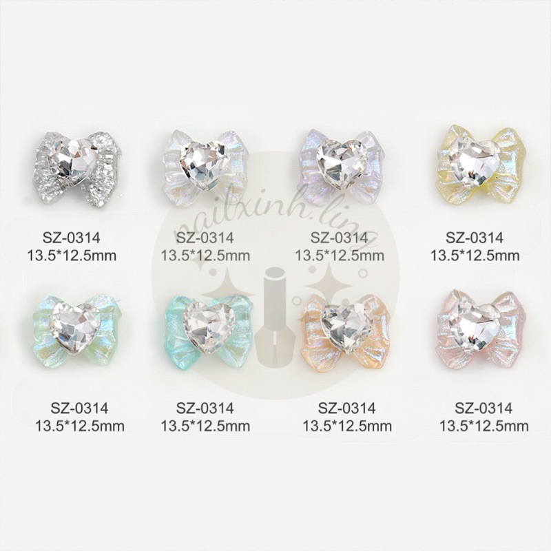 Charm Nơ Nhựa Màu Thạch Kim Tuyến Trang Trí Móng Hàn C9, Phụ Kiện Hạt Ngọc Trai / Nơ / Trái Tim Nhiều Màu Trang Trí Móng