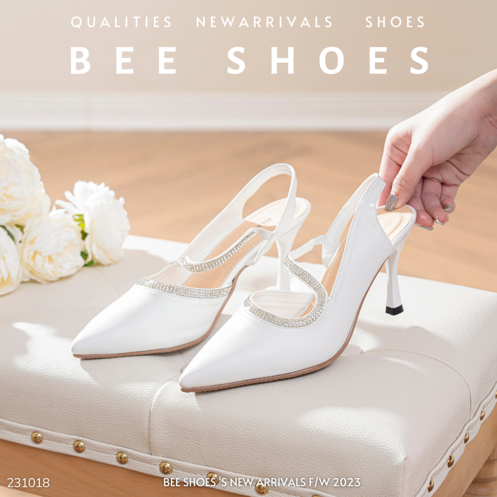 GIÀY CAO GÓT NỮ BEESHOES MŨI NHỌN - GIÀY CAO GÓT NỮ GÓT NHỌN CAO 8 PHÂN SẴN MÀU TRẮNG 231018