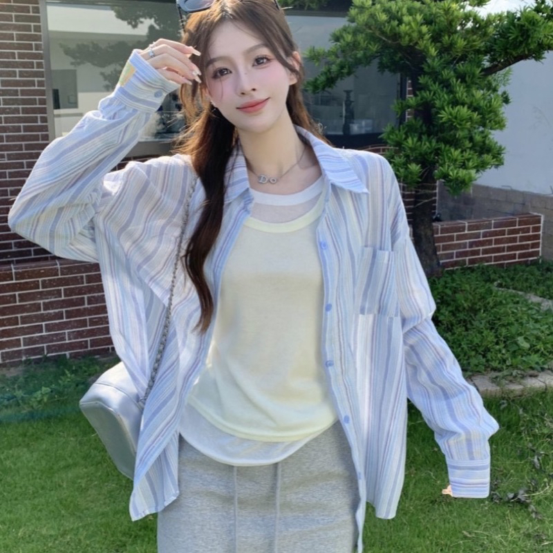 Áo kiểu sơ mi nữ tay dài kẻ sọc chất đũi hai màu pastel xinh xắn