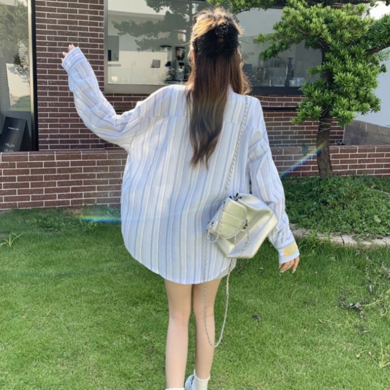 Áo kiểu sơ mi nữ tay dài kẻ sọc chất đũi hai màu pastel xinh xắn