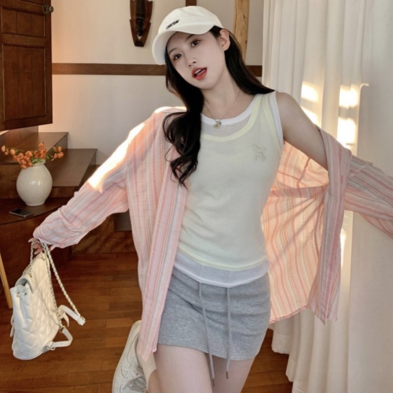 Áo kiểu sơ mi nữ tay dài kẻ sọc chất đũi hai màu pastel xinh xắn