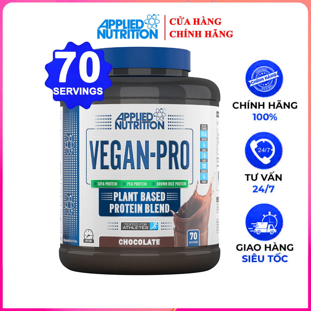 Sữa tăng cơ VEGAN PRO của APPLIED NUTRITION hương Chocolate hộp 70 lần dùng 100% protein từ thực vật - Nhập chính ngạch