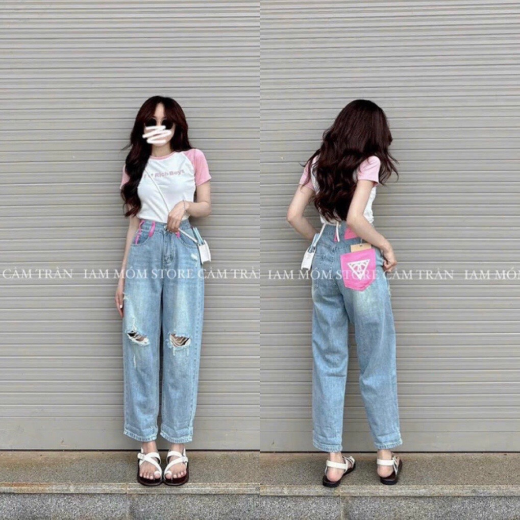 Quần jean bò baggy ống suông rộng xuông nữ jeans rin cạp cao