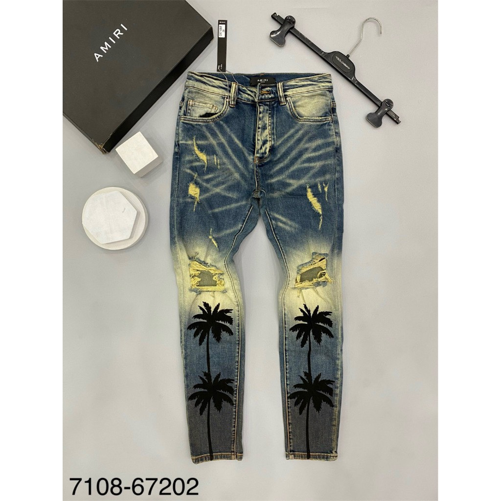 Quần Jean Nam Amiri Slimfit Wash Xanh Vàng in hình cây dừa phối rách tua gối vá da Quần Cây Dừa Nam Xanh Sẫm Chuẩn Shop