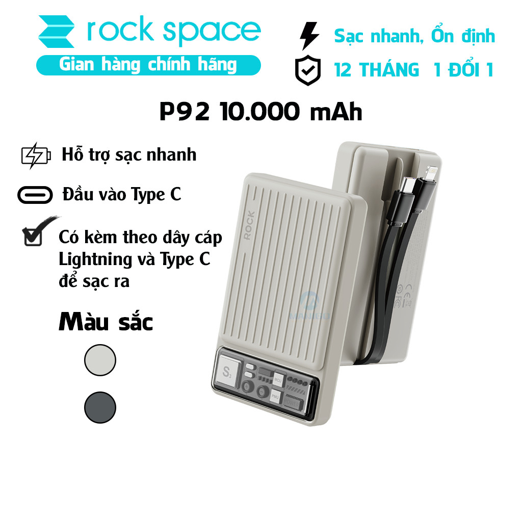 Pin sạc dự phòng tích hợp cáp sạc 2 in 1 Rockspace P92 10000mAh sạc nhanh PD20W Hàng chính hãng bảo hành 12 tháng